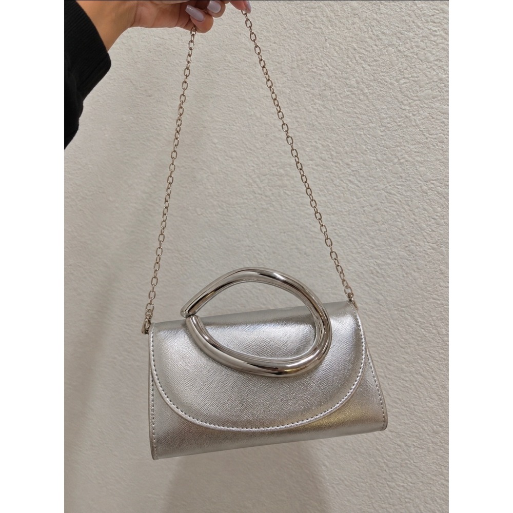 Silver Metallic Evening Clutch Sculptural Metal Handle Chain Strap Bag